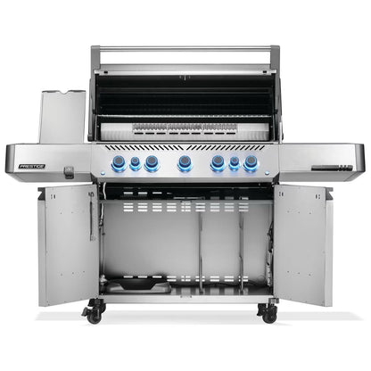 Napoleon Prestige 665 5-Burner Grill with Rotisserie & Side Burner with Lid and Cart doors open on a white background