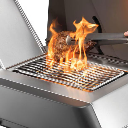 Napoleon Prestige 665 5-Burner Grill with Rotisserie & Side Burner grilling a steak on the side burner on a white background