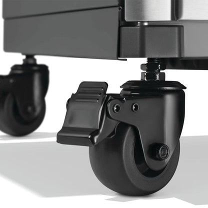 Napoleon Prestige 665 5-Burner Grill with Rotisserie & Side Burner close up of casters on a white background