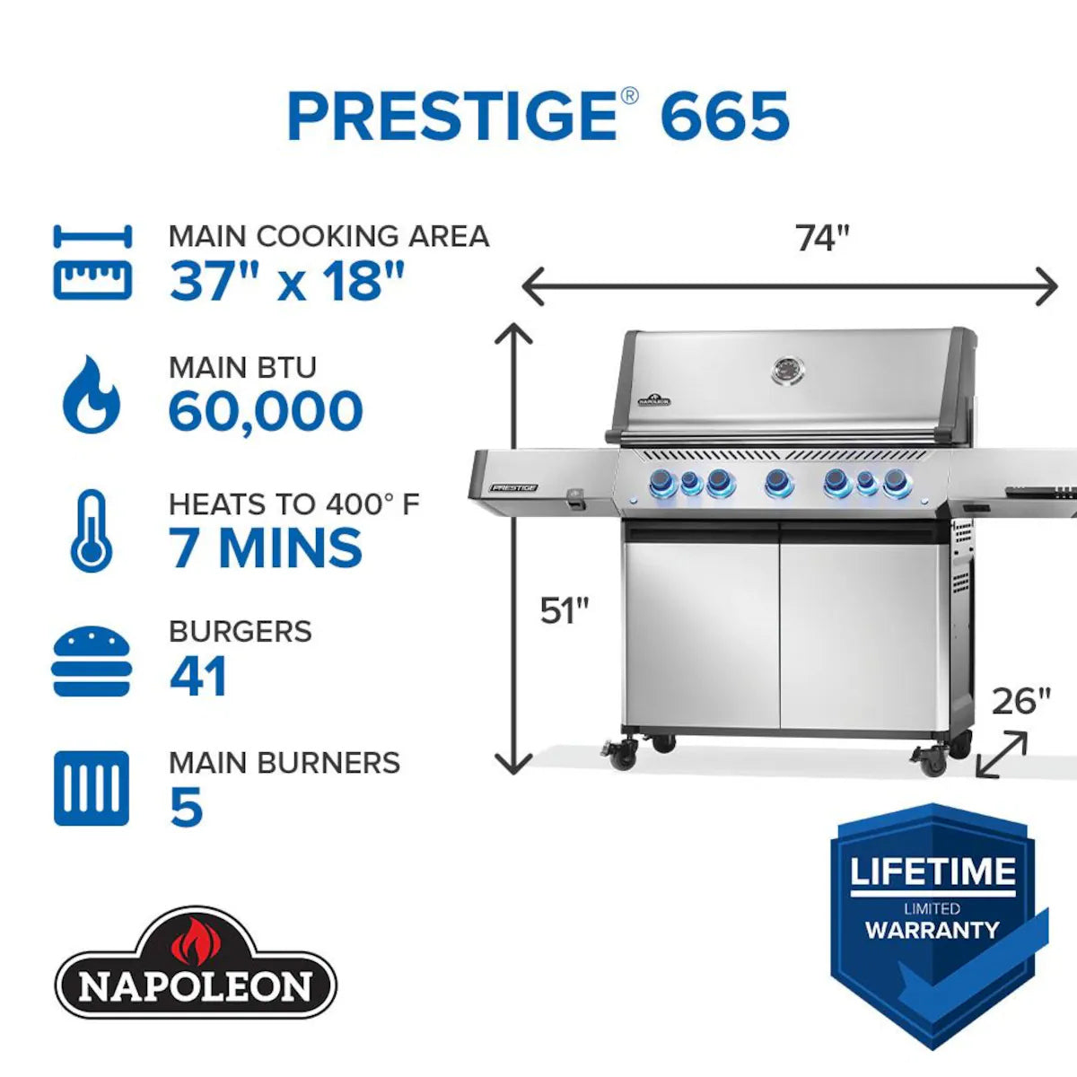 Napoleon Prestige 665 5-Burner Grill with Rotisserie & Side Burner Spec Sheet