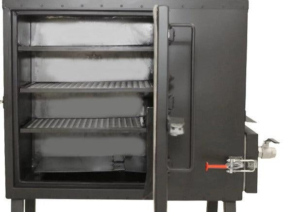 Old Country Pits Gravity Fed Smoker with door open On a white background