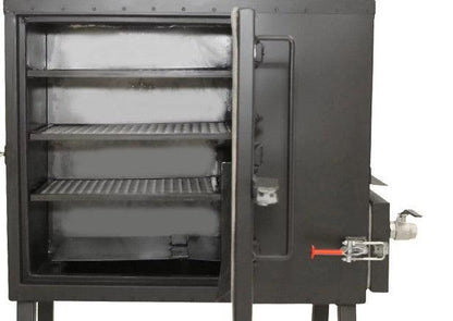 Old Country Pits Gravity Fed Smoker with door open On a white background