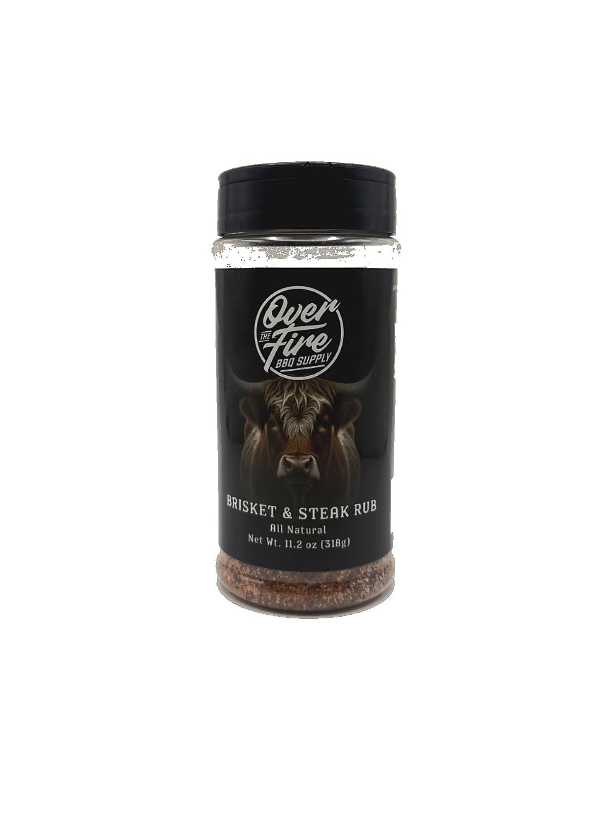 Over the Fire BBQ Supply Brisket and Steak rub bottle on a white background