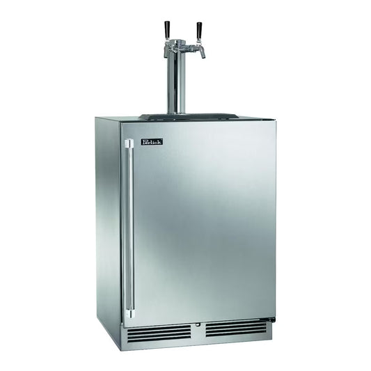 Stainless steel outdoor beer cooler with dual taps on a white background