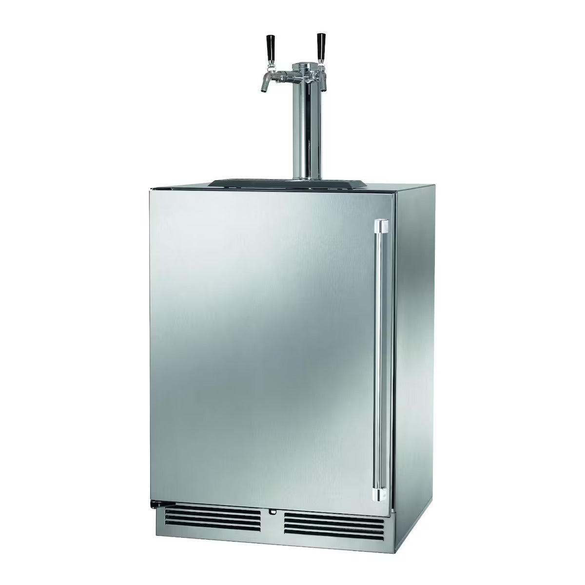 Stainless steel outdoor refrigerator with beer tap on a white background