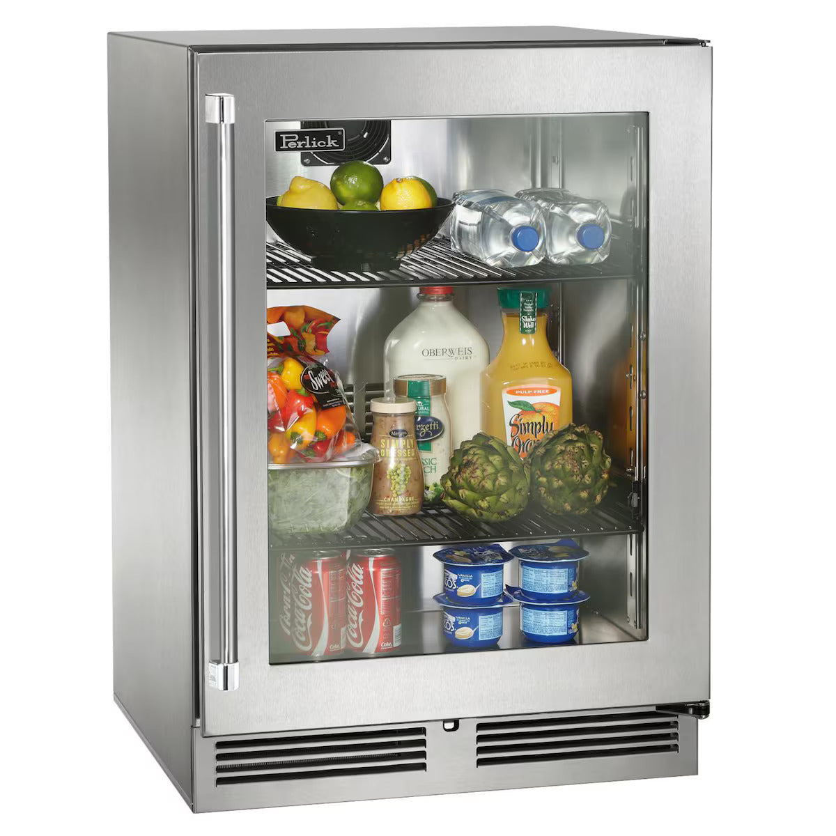 Stainless steel outdoor refrigerator with glass door displaying various items.