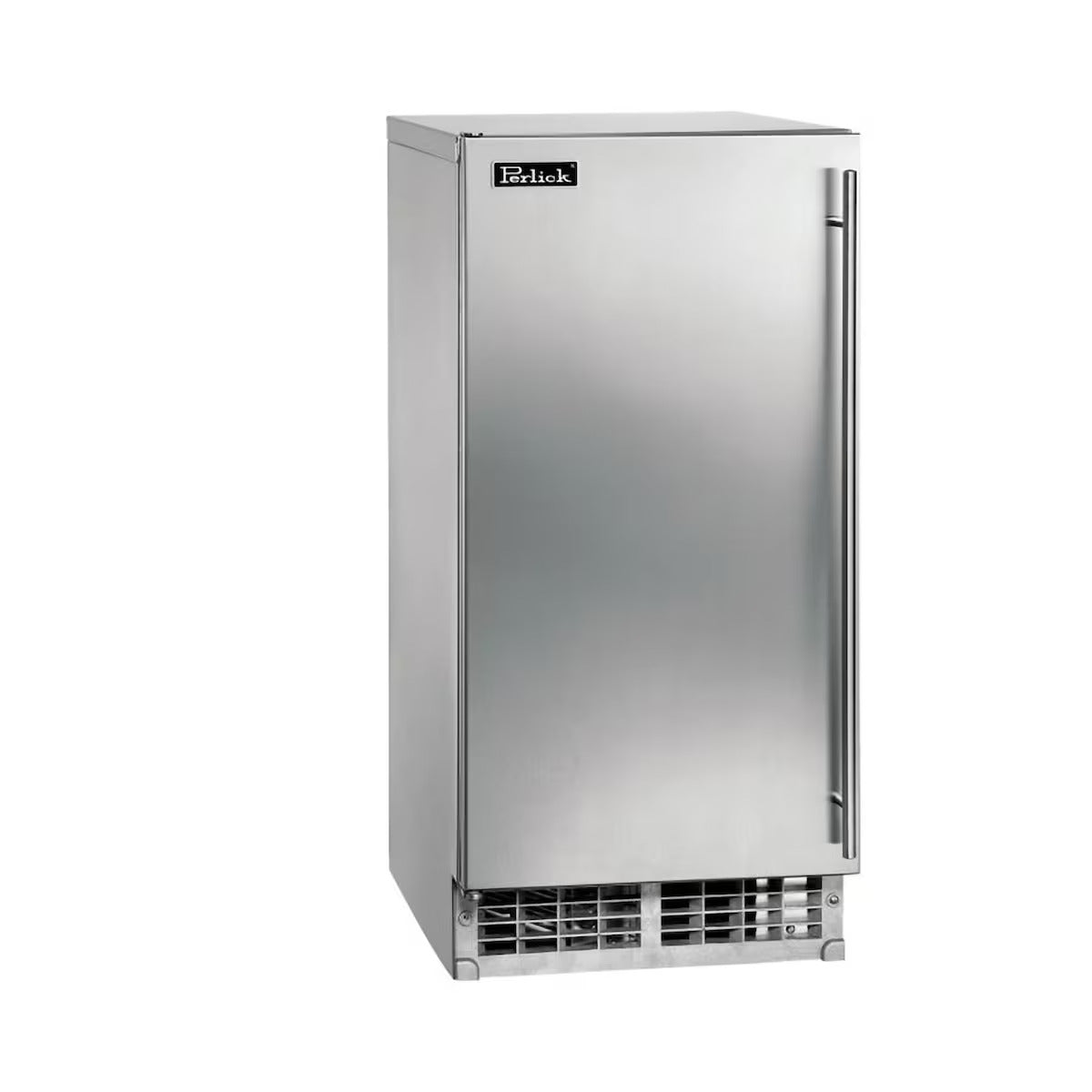 Stainless steel refrigerator with a visible brand logo on a white background