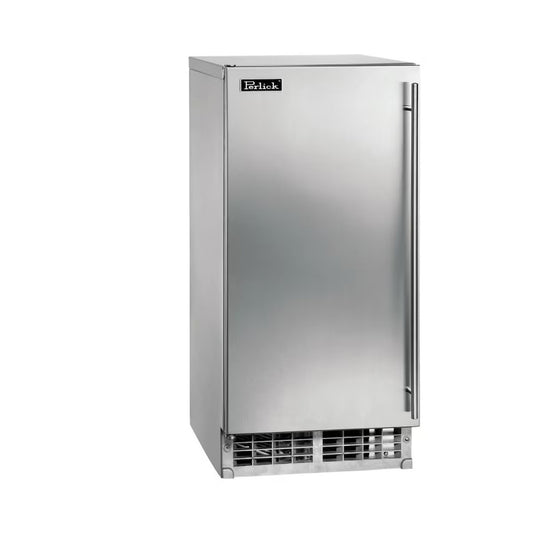 Stainless steel refrigerator with a visible brand logo on a white background
