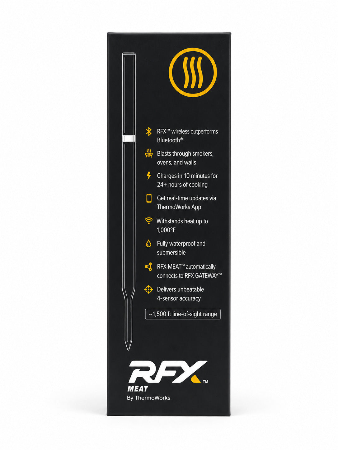 RFX meat thermometer packaging with product details on a white background