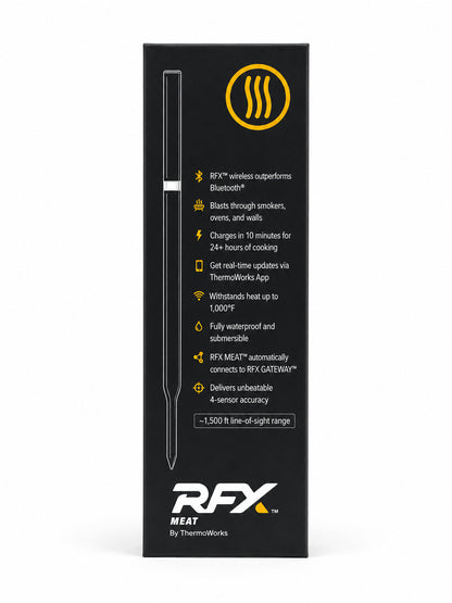 RFX meat thermometer packaging with product details on a white background
