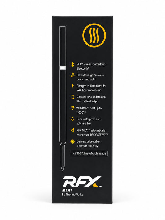 RFX meat thermometer packaging with product details on a white background