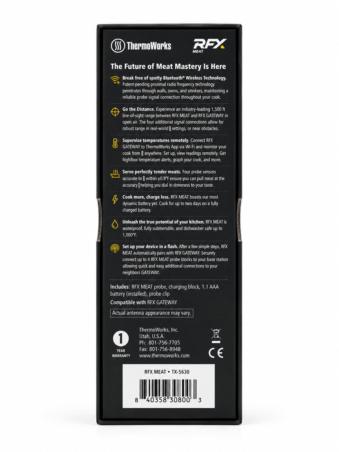 Back view of a Thermoworks RFX MEAT product packaging with text and branding.