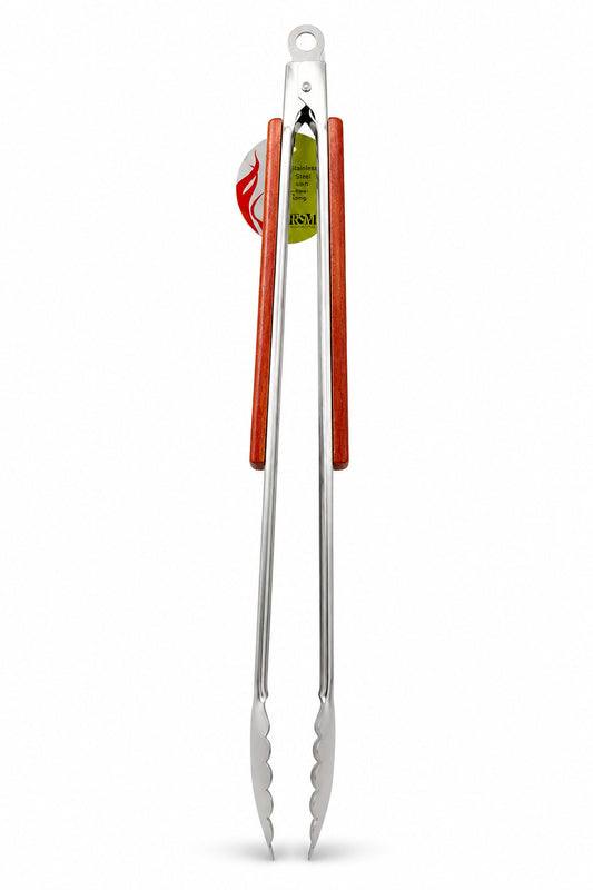 RSVP International BBQ Tongs with wooden handles on a white background