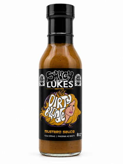 Saucy Luke Craft BBQ Dirty Blonde Mustard Sauce bottle on a white background