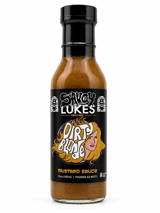Saucy Luke Craft BBQ Dirty Blonde Mustard Sauce bottle on a white background