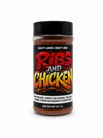 Jar of 'Saucy Lukes Craft BBQ Ribs and Chicken' seasoning on a white background