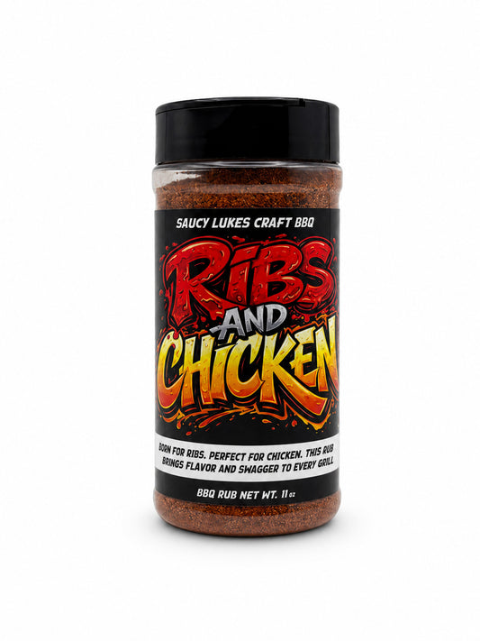 Jar of 'Saucy Lukes Craft BBQ Ribs and Chicken' seasoning on a white background