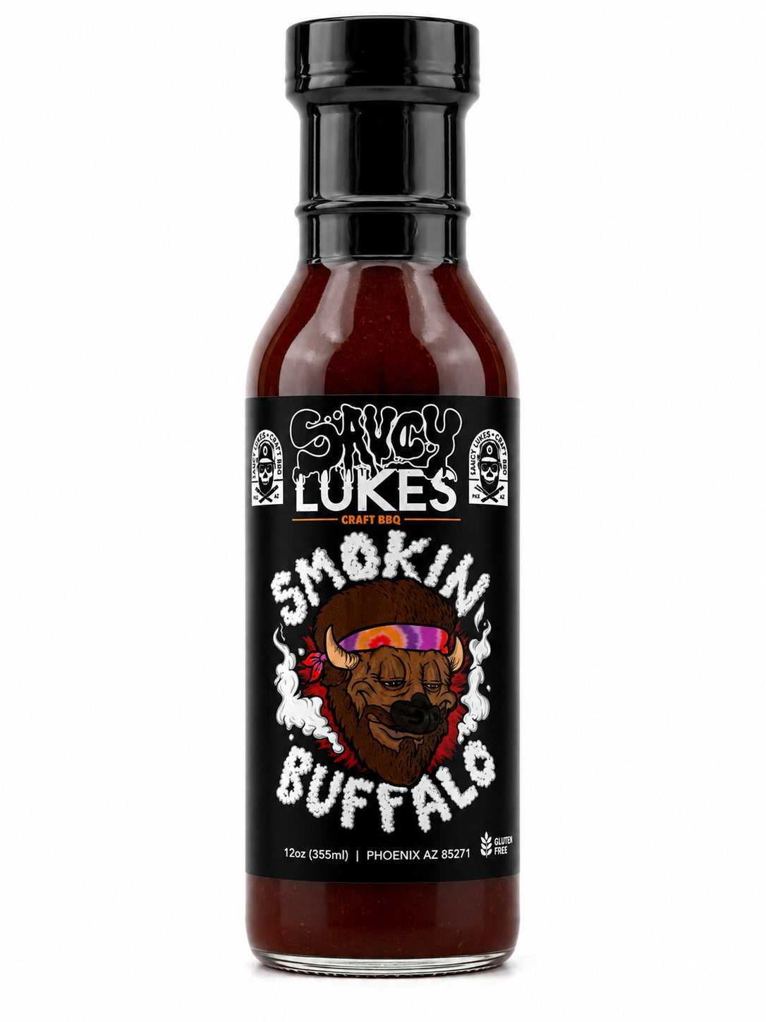 Saucy Luke Craft BBQ Smoking Buffalo sauce bottle on a white background