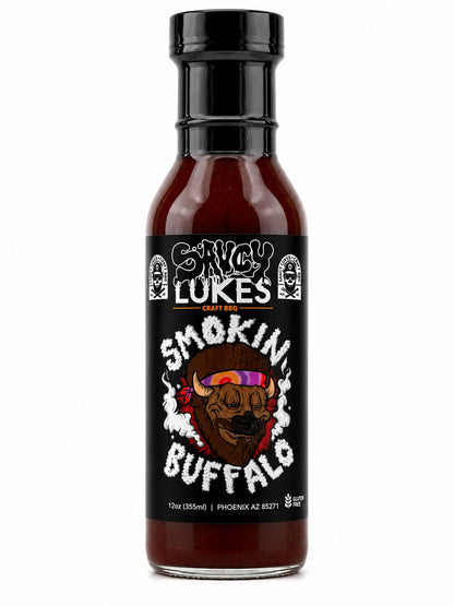 Saucy Luke Craft BBQ Smoking Buffalo sauce bottle on a white background