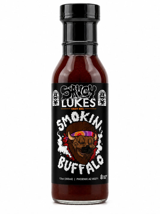 Saucy Luke Craft BBQ Smoking Buffalo sauce bottle on a white background