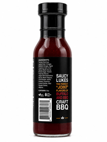 Saucy Lukes Craft BBQ Smoking Buffalo bottle showing an ingredients label on a white background