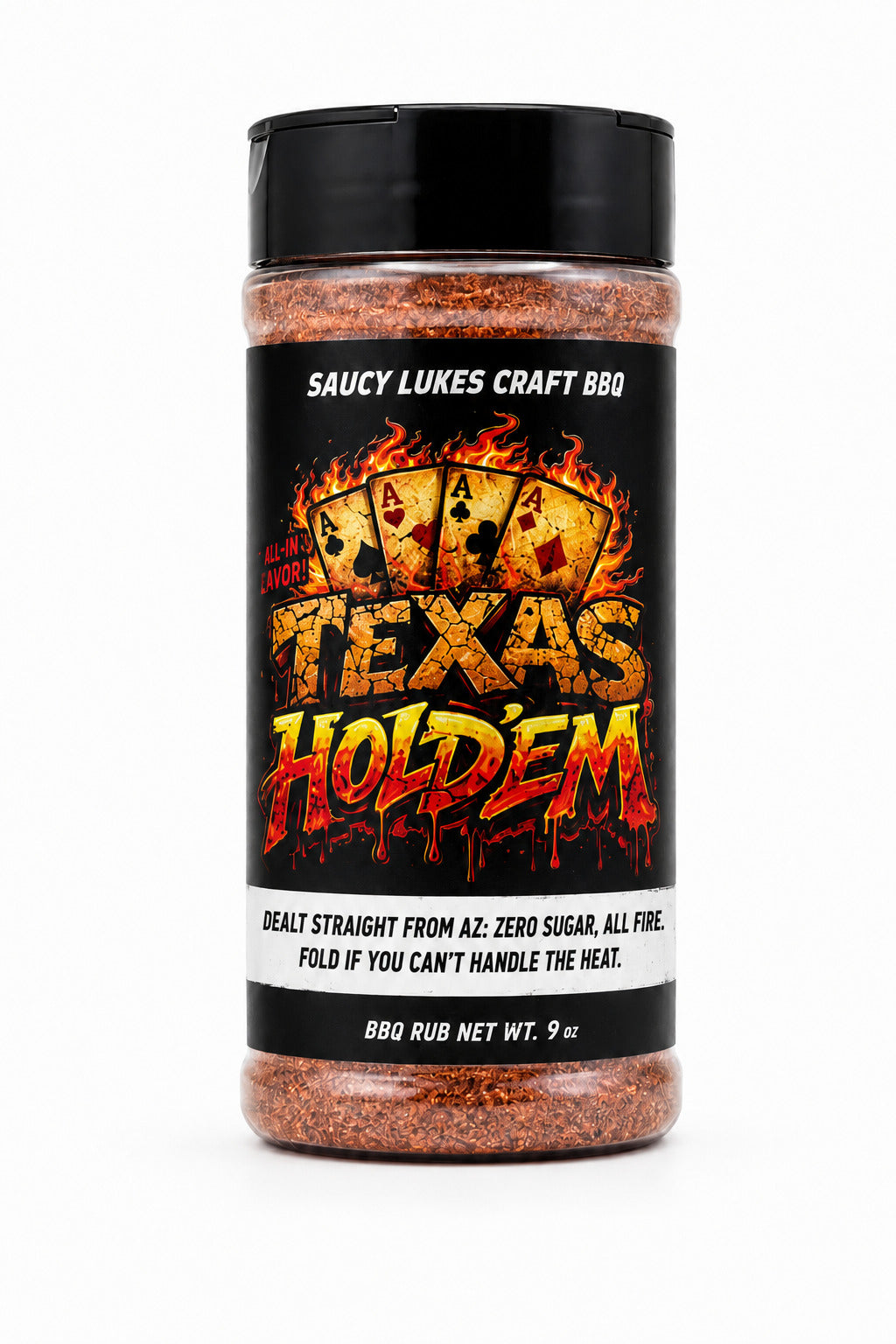 Saucy Luke's Craft BBQ Texas Hold'em seasoning jar on a white background