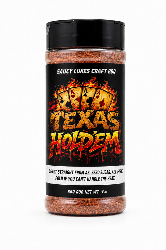 Saucy Luke's Craft BBQ Texas Hold'em seasoning jar on a white background