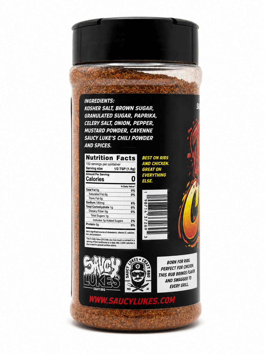 Saucy Lukes Craft BBQ Ribs and Chicken Bottle with a ingredients label on a white background