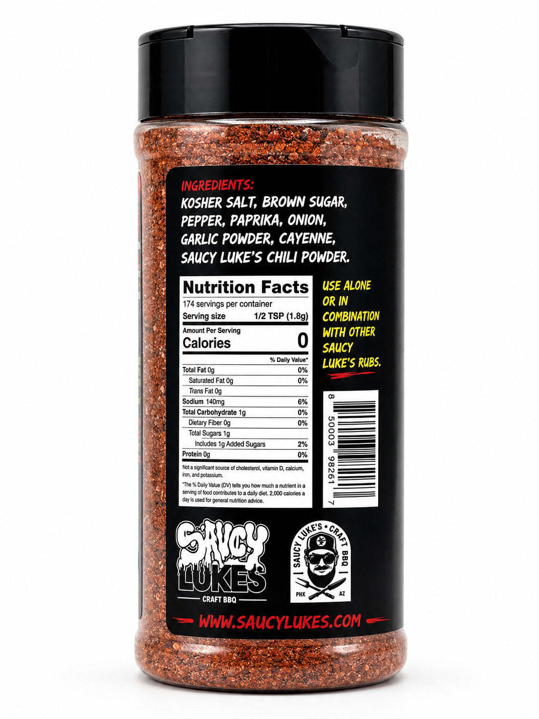 Saucy Luke's Craft BBQ A.P.B. bottle with the nutrition and ingredients label on a white background