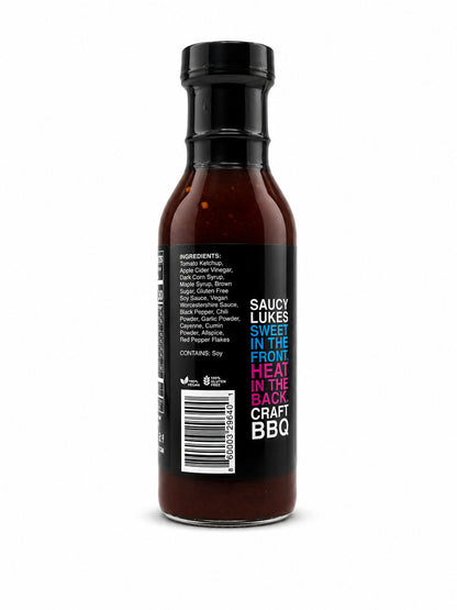 Saucy Lukes Craft BBQ Mullet Sauce bottle with the ingredients label on a white background