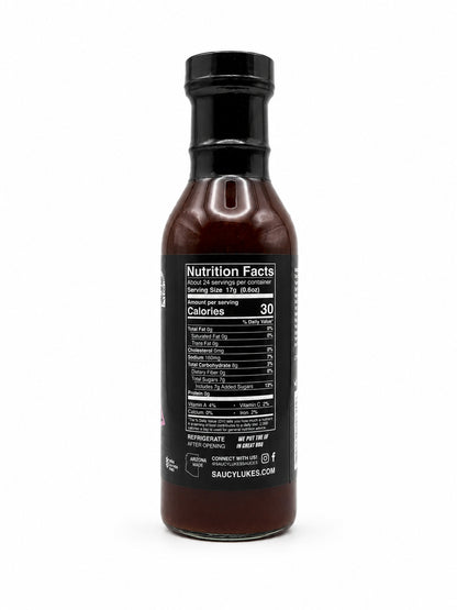 Saucy Luke Craft BBQ Mullet Sauce bottle showing the nutrition label on a white background
