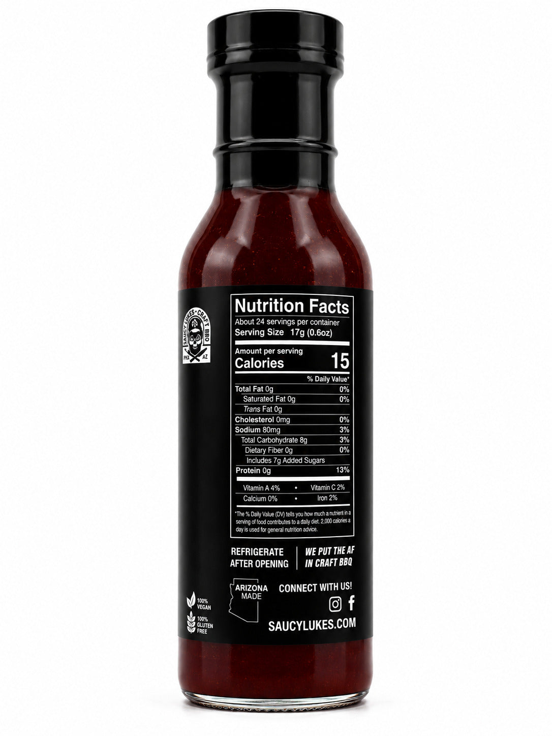 Saucy Luke Craft BBQ Smokin Buffalo bottle showing the nutrition label on a white background