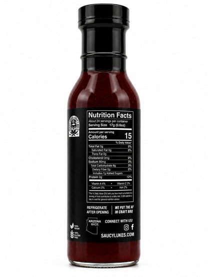 Saucy Luke Craft BBQ Smokin Buffalo bottle showing the nutrition label on a white background