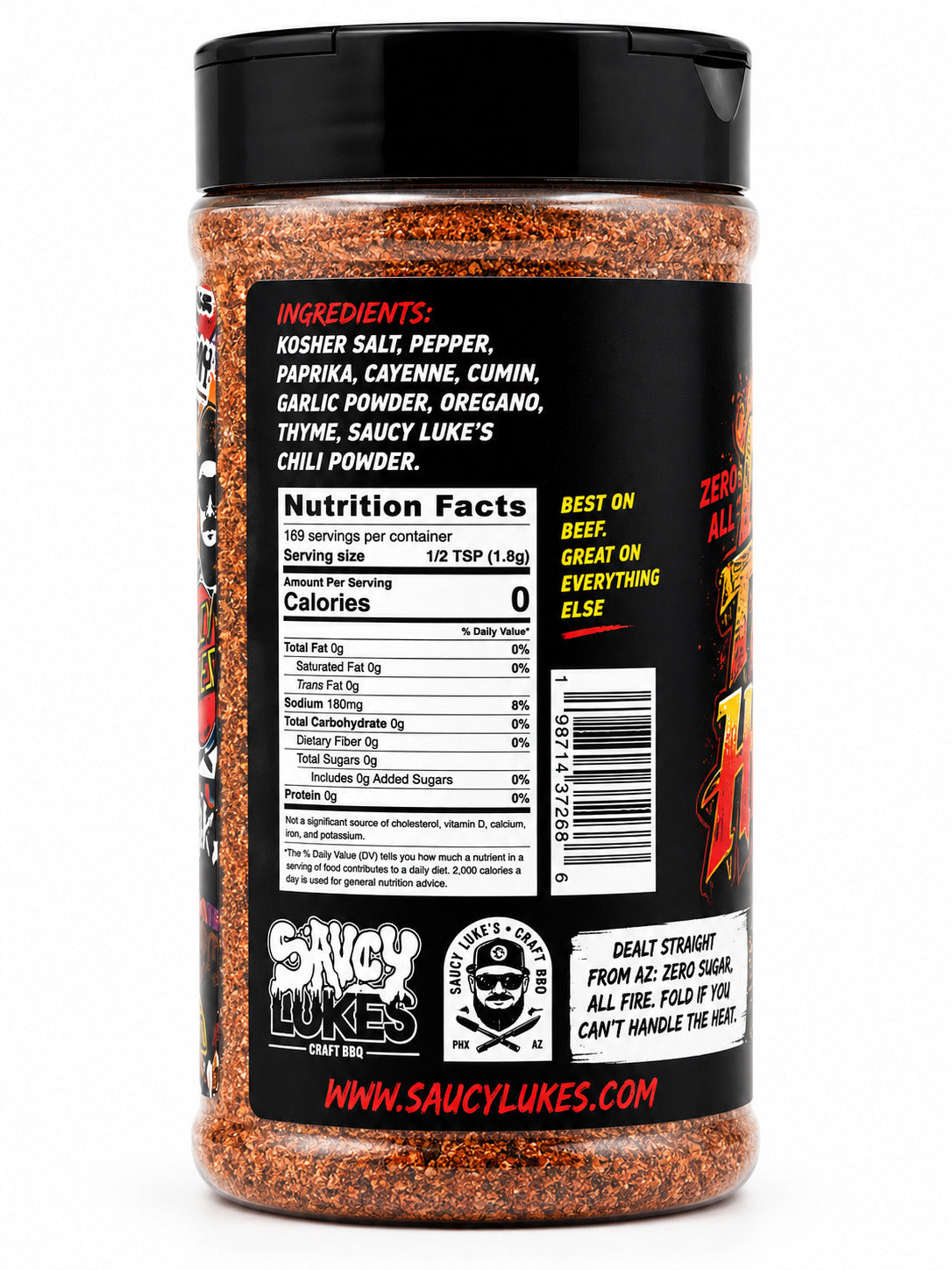 Saucy Luke's Craft BBQ Texas Hold'em seasoning jar with label on a white background