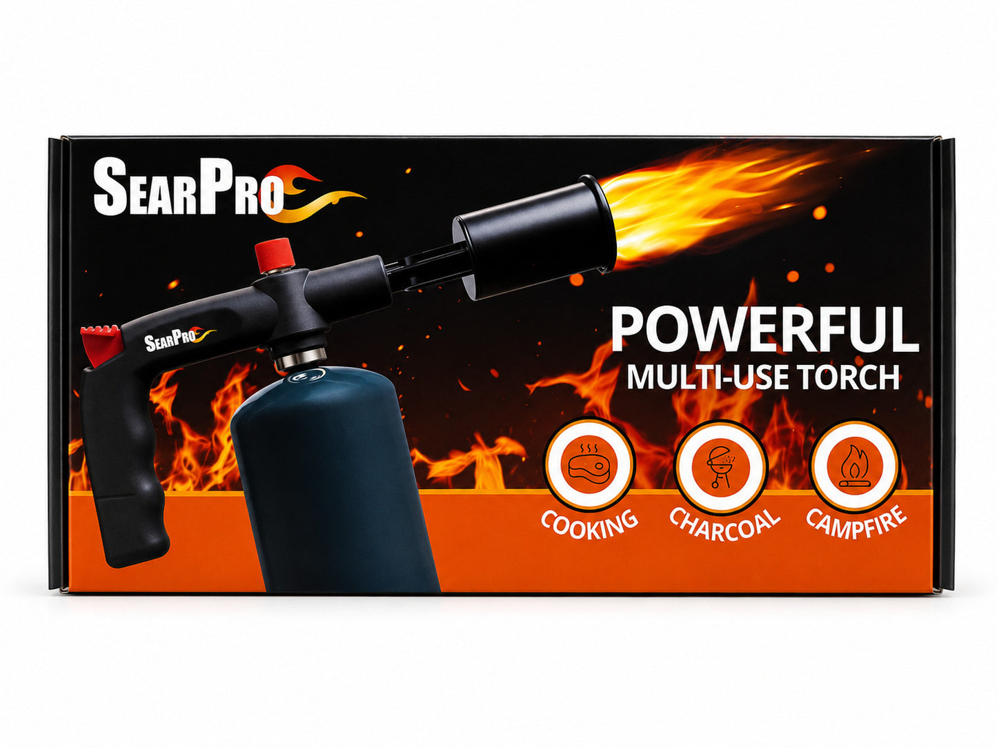 SearPro torch with flames on a black and orange background