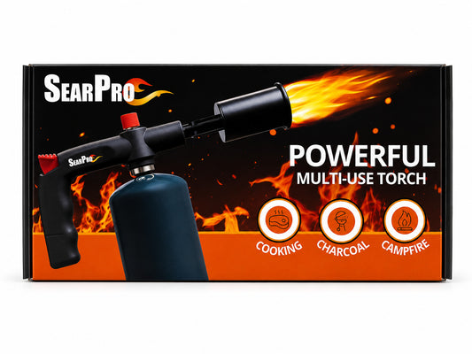SearPro torch with flames on a black and orange background
