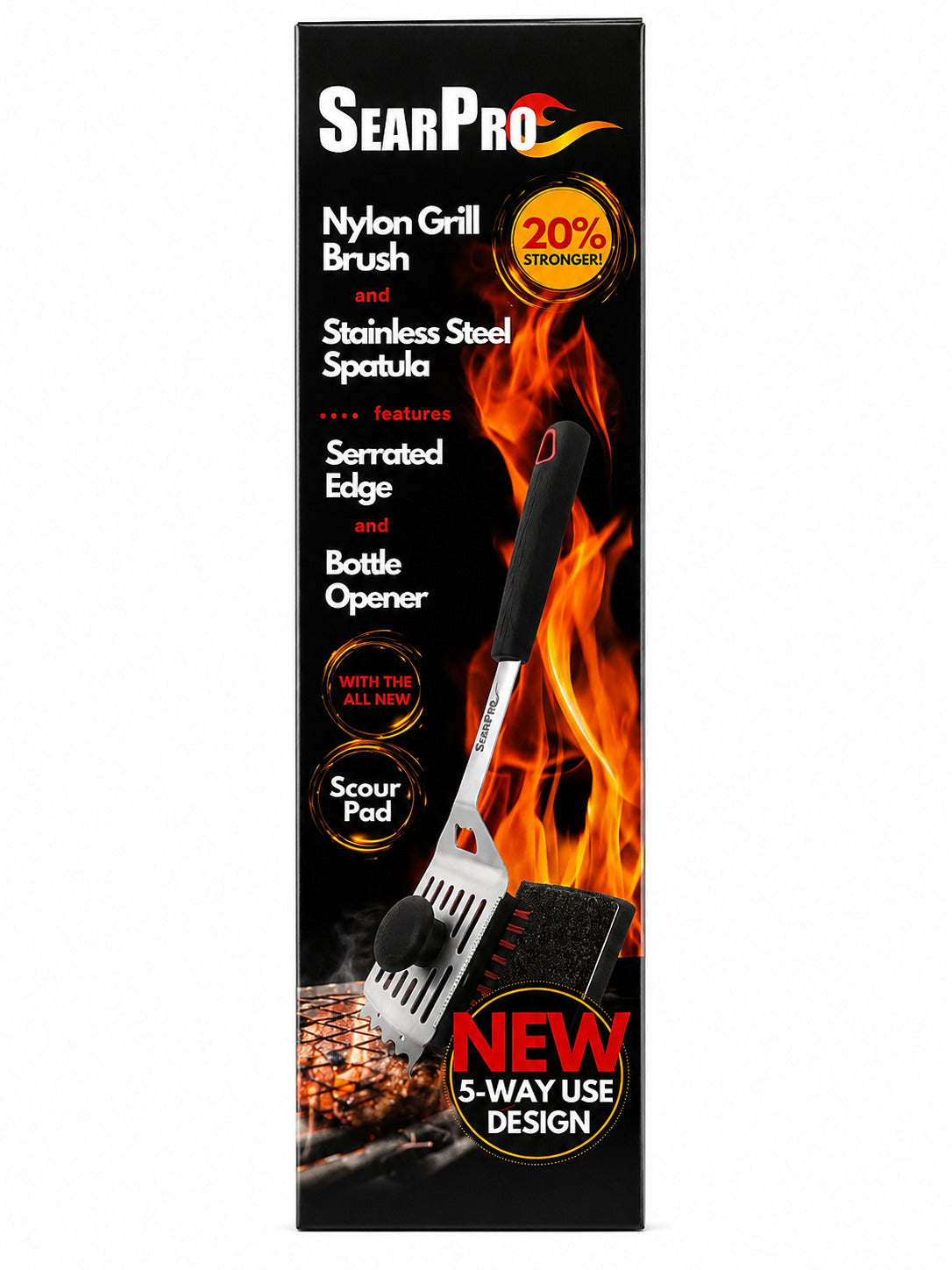 Sear Pro Nylon Grill Brush and Stainless Steel Spatula box on a white background