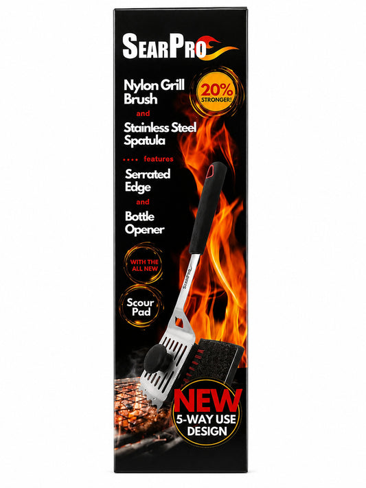 Sear Pro Nylon Grill Brush and Stainless Steel Spatula box on a white background