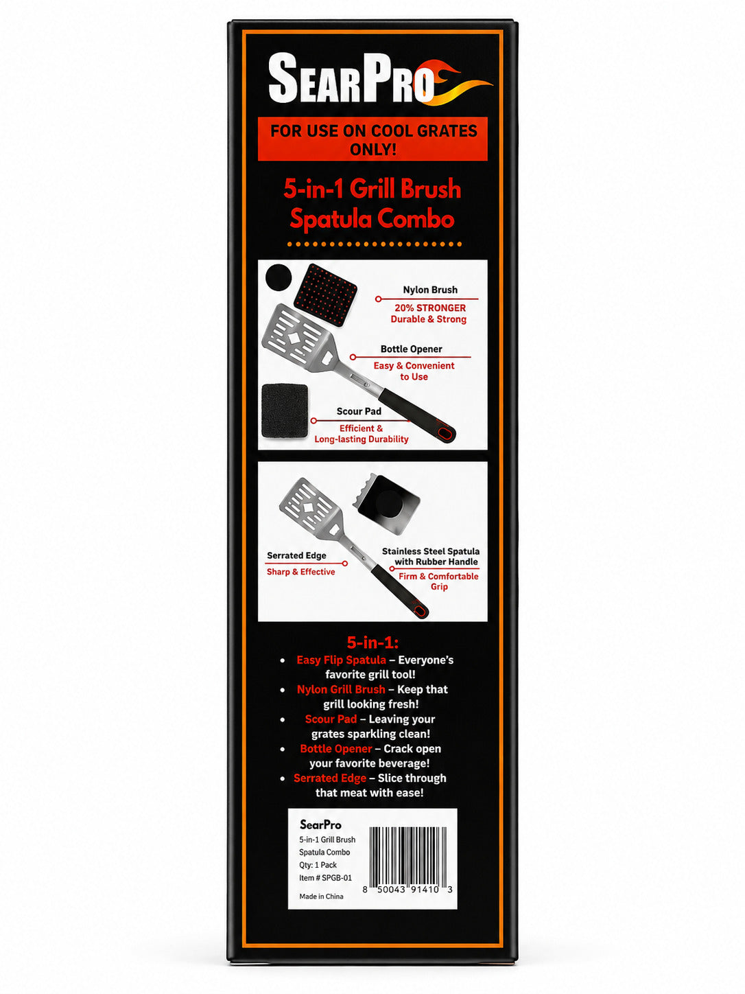 Sear Pro Nylon Grill Brush and Stainless Steel Spatula back of box on a white background