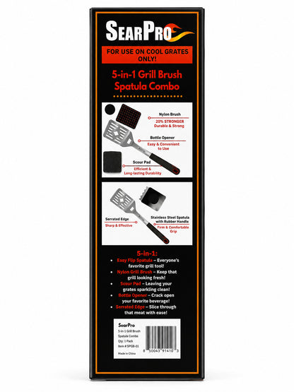 Sear Pro Nylon Grill Brush and Stainless Steel Spatula back of box on a white background