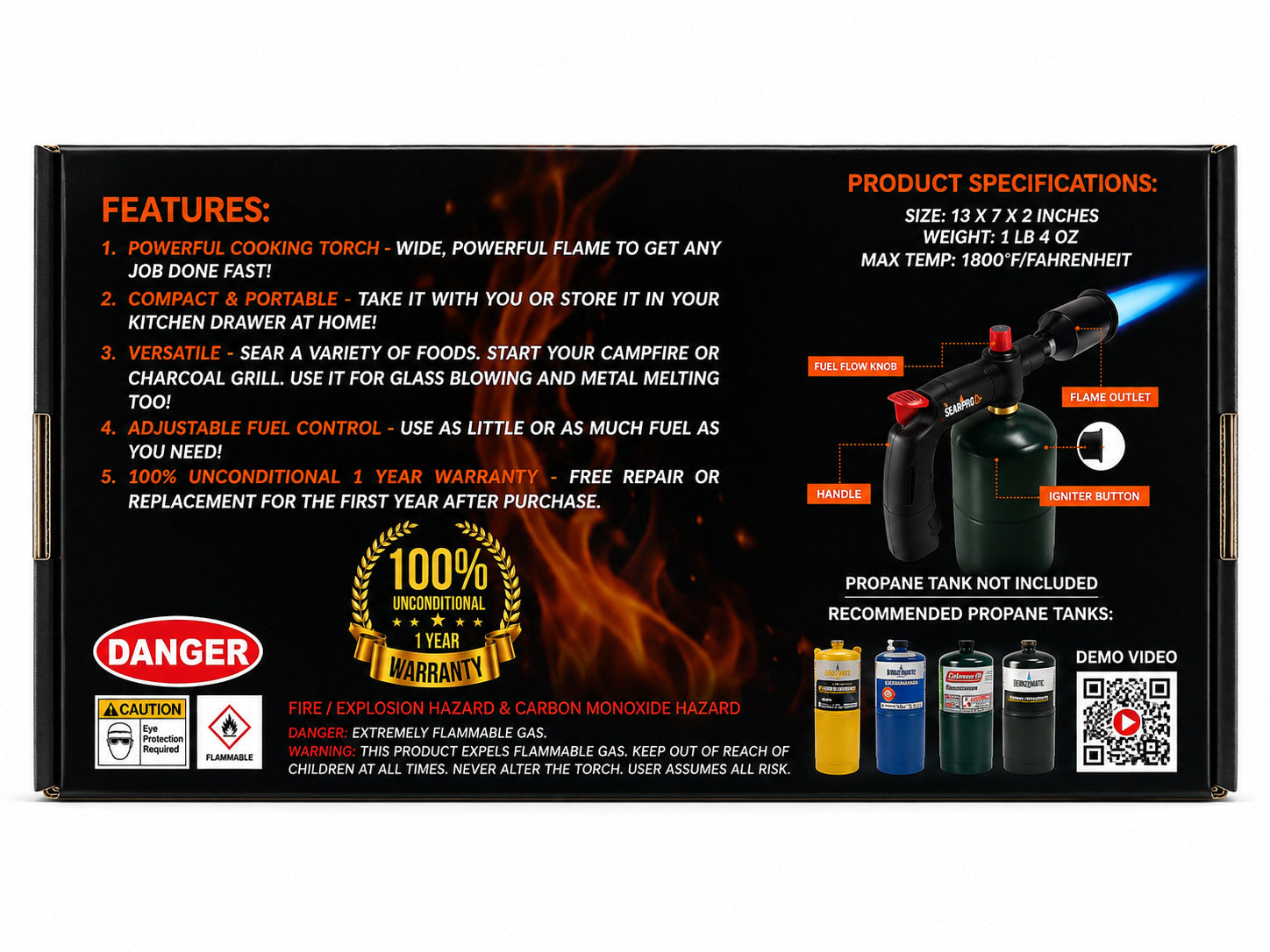 Sear Pro Torch back side of box on a white background