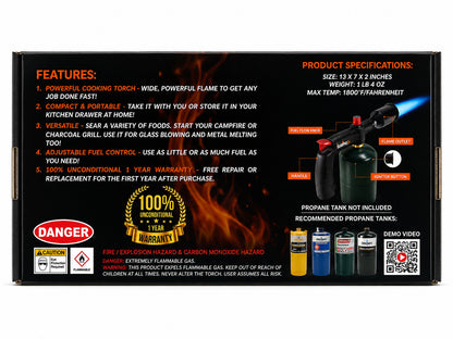 Sear Pro Torch back side of box on a white background