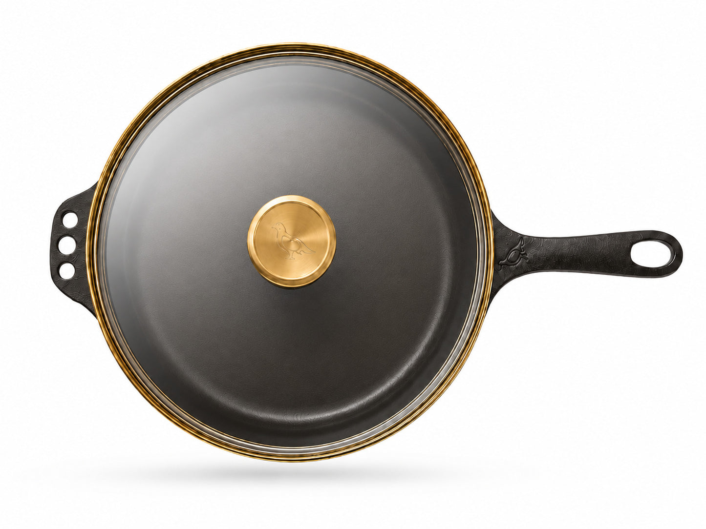 Smithey Ironware 11" Round Bottom Skillet  with a gold glass lid on a white background