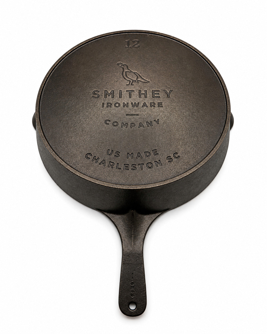 12" Cast iron skillet with Smithey Ironware Company branding on a white background