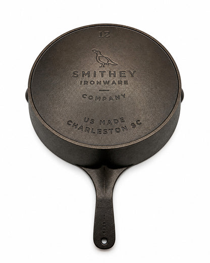 12" Cast iron skillet with Smithey Ironware Company branding on a white background