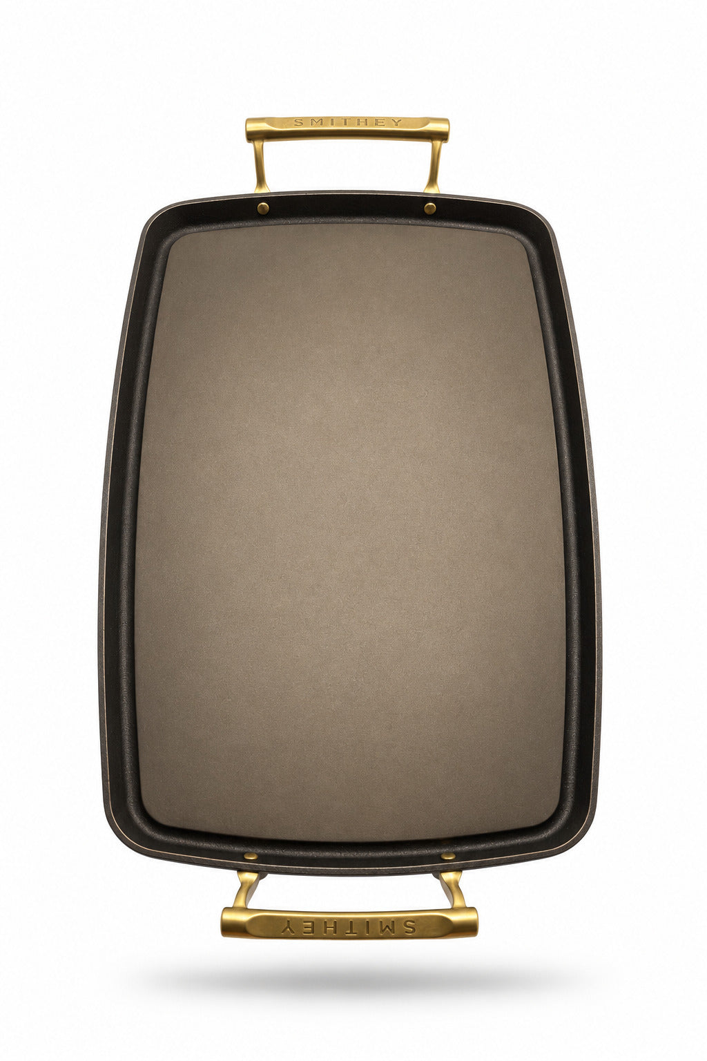 Smithey Ironware Double Burner Griddle with gold handles on a white background