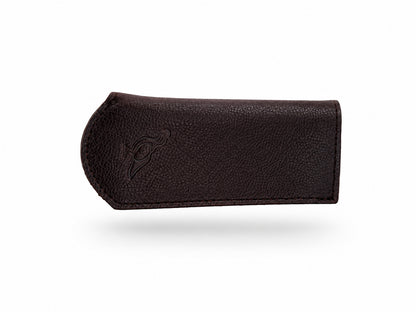 Smithey Ironware Brown Leather Skillet Sleeve with a brand logo on a white background