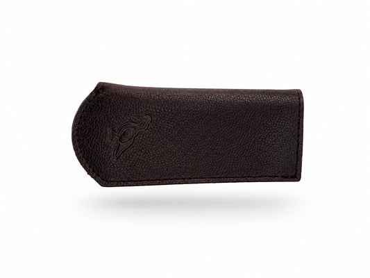 Smithey Ironware Brown Leather Skillet Sleeve with a brand logo on a white background