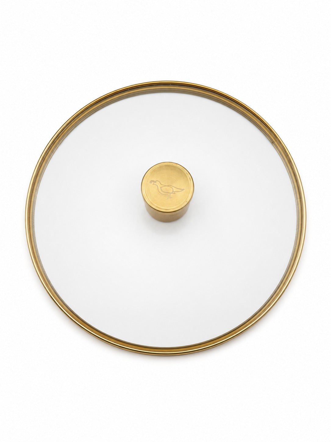 Smithey Ironware Glass lid with gold rim and central knob on a white background