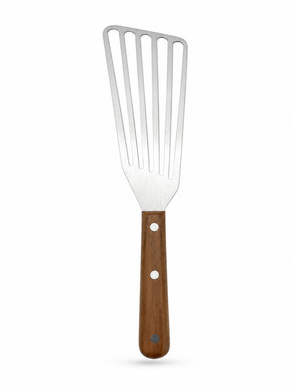 Smithey Slotted Spatula with wooden handle and metal head on a white background